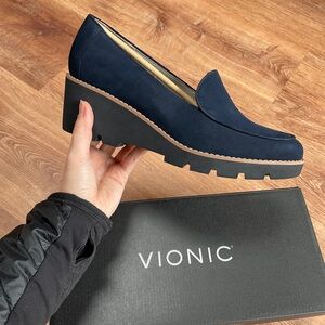 Vionic Ava Wedges Shoes Heels Navy Suede 9.5 Brand New With Box Career Comfort #
